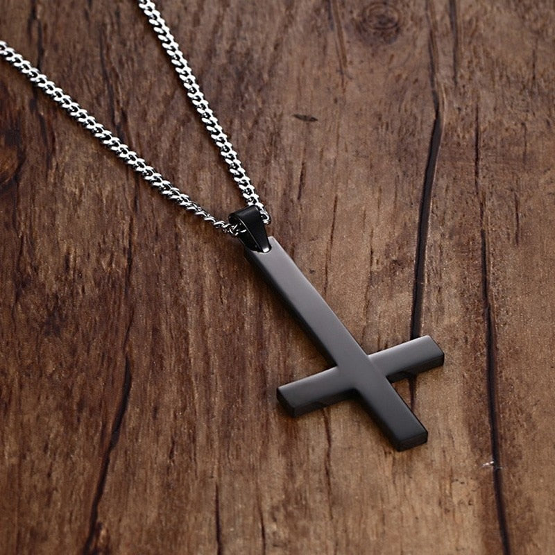Male Black St Peter's Inverted Cross Pendant Necklace for Men