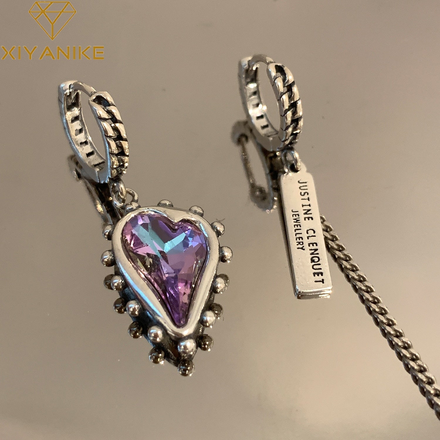 Vintage Purple Crystal Heart Dangle Hoop Earrings